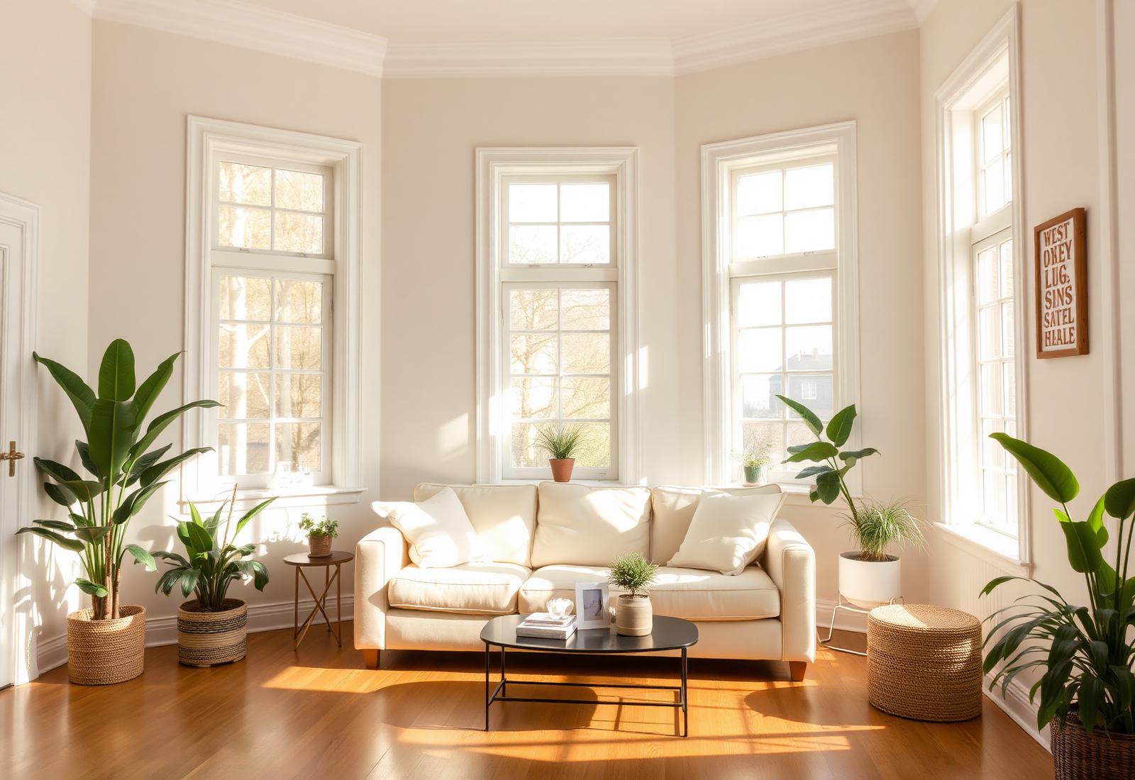 Sunlit, freshly cleaned living room with plants and cream sofa